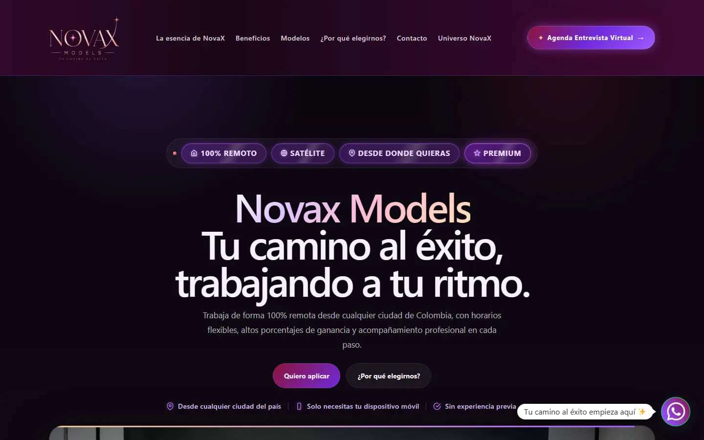 Captura de la página de inicio del sitio de NovaX Models
