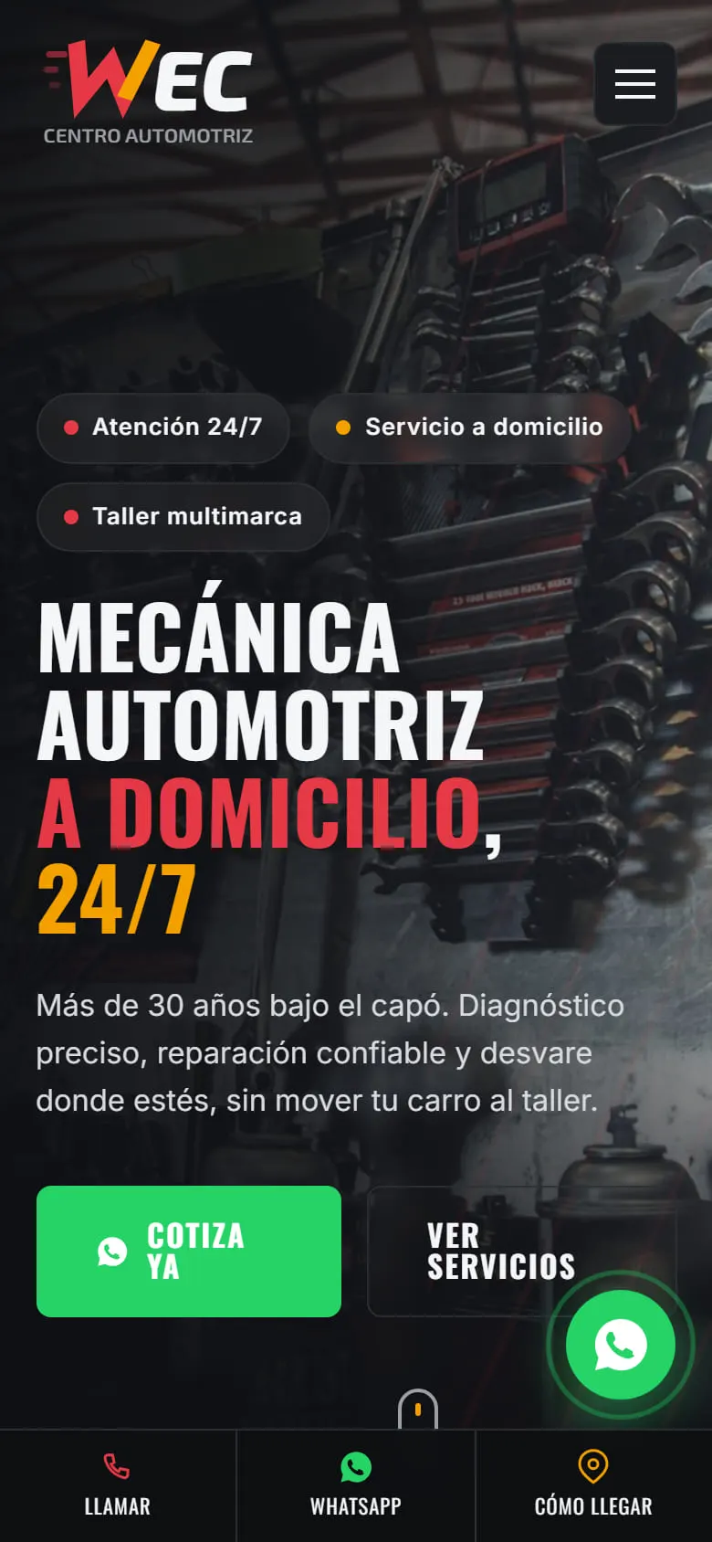 Sitio de Centro Automotriz WEC en un celular.