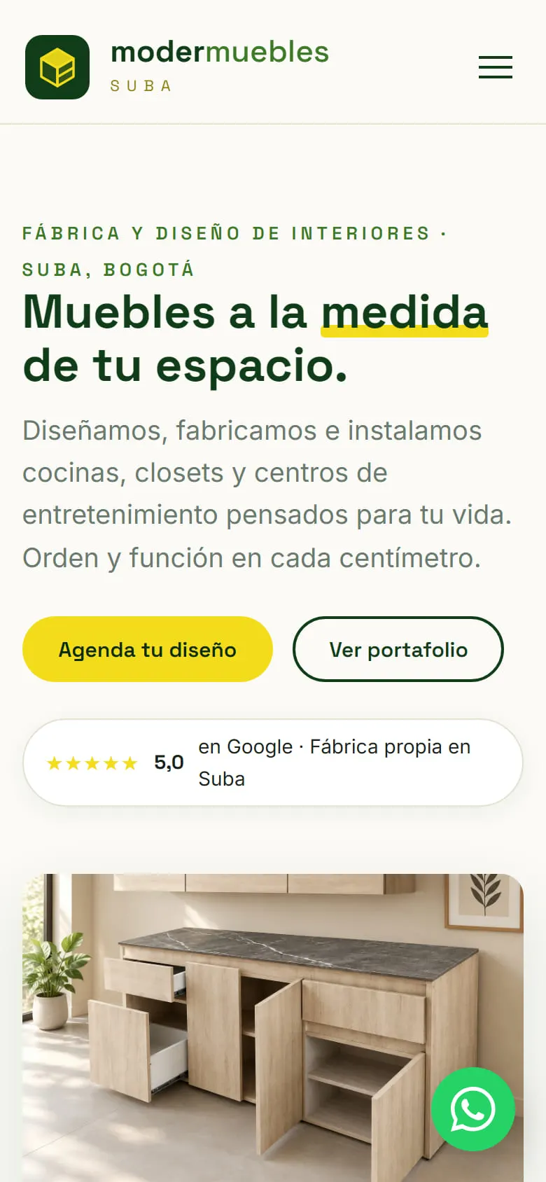 Sitio de Modermuebles Suba en un celular.