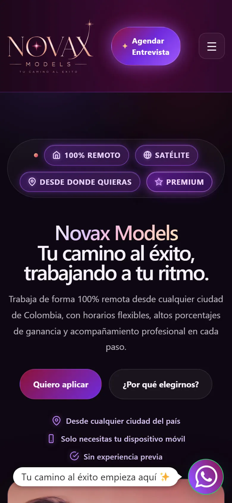 Sitio de NovaX Models en un celular.